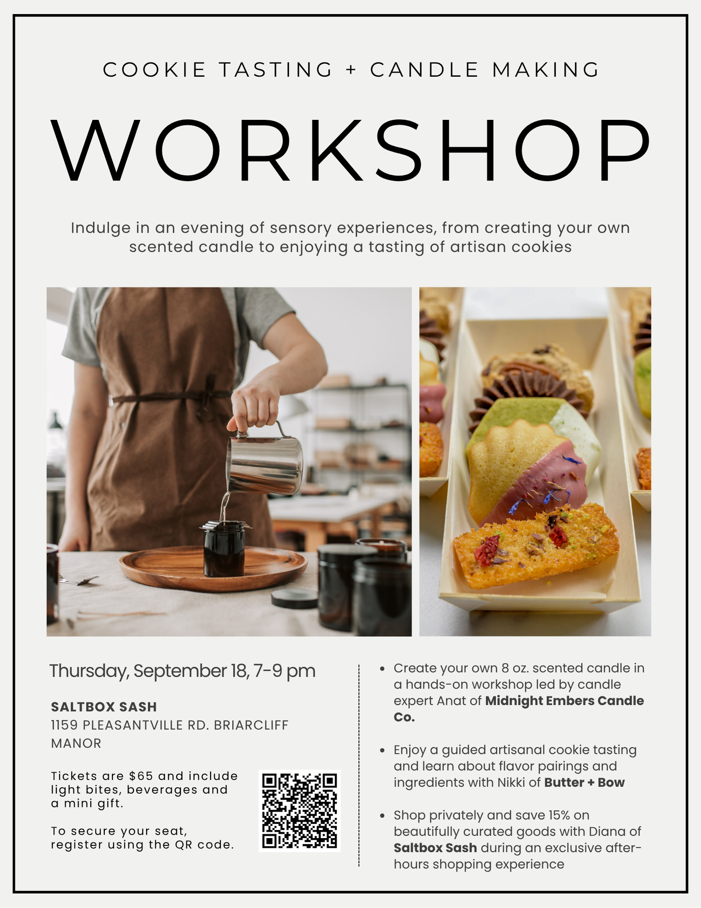 Advertisement for a cookie tasting and candle making workshop with images of a person in an apron and cookies.
