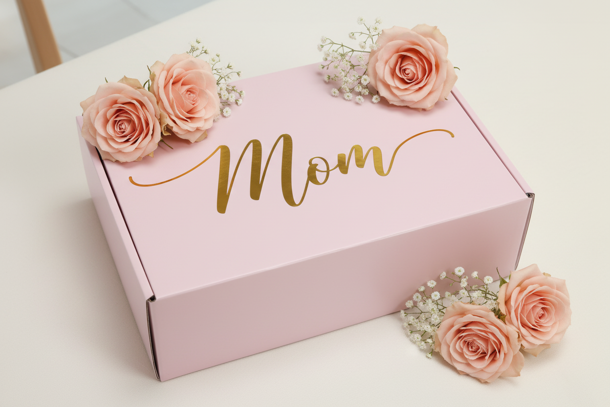 Pink gift box with 'Mom' and pink roses on a white background