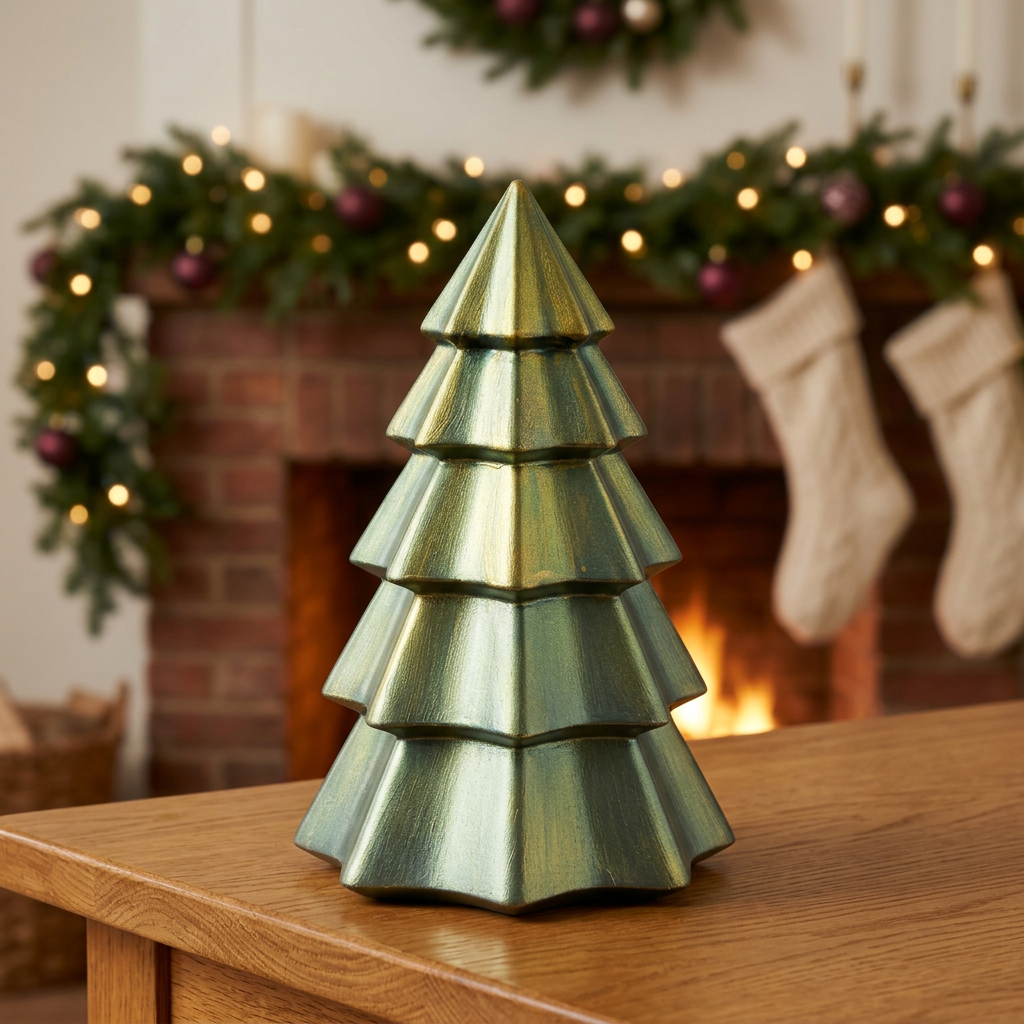 Stackable Christmas Tree candle beside a festive fireplace