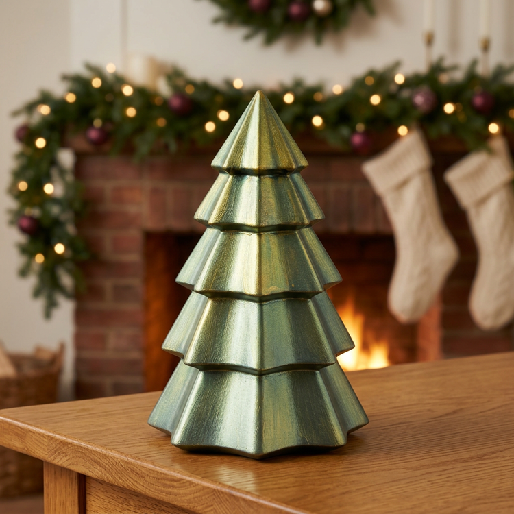 Stackable Christmas Tree candle beside a festive fireplace