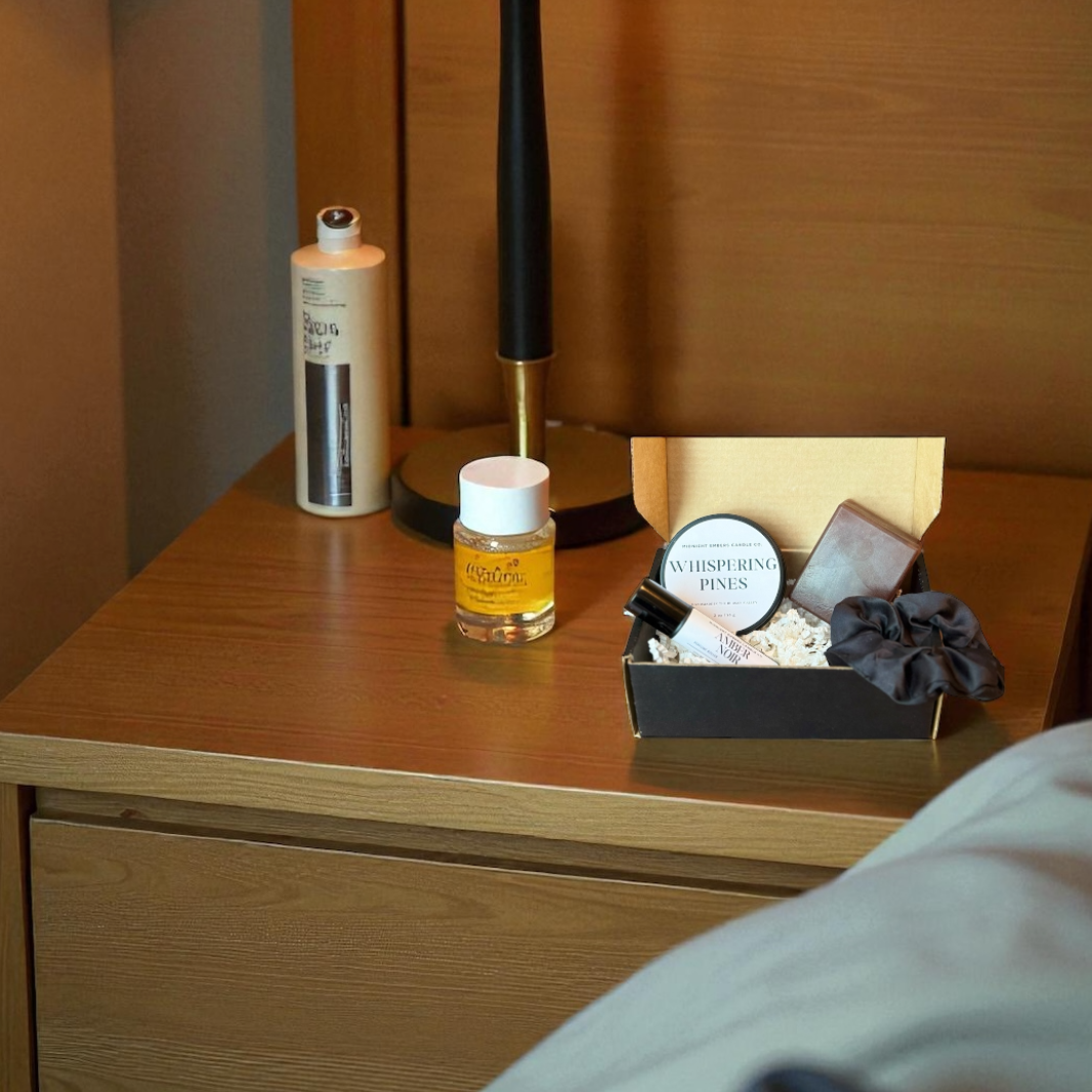 Lamp on a nightstand with a bottle and other items in a dimly lit room.
