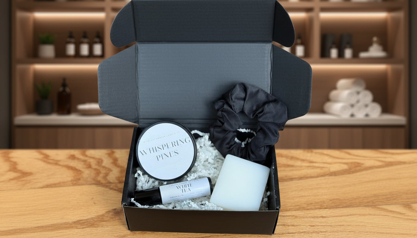 Gift set with 'Whispering Pines' products including a candle, scrub, and bottle on a wooden surface.
