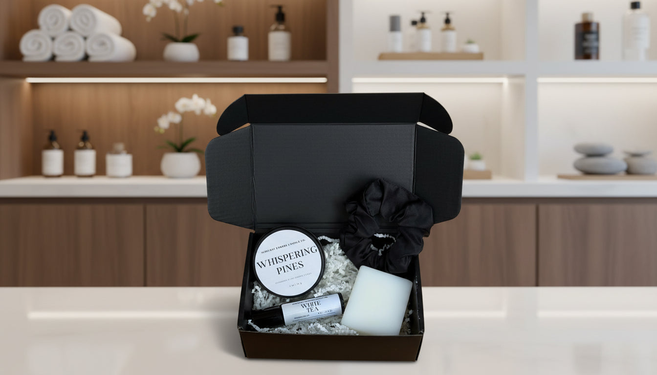 Gift set with candle, soap, black satin scrunchie and rollerball in a black box on a wooden surface