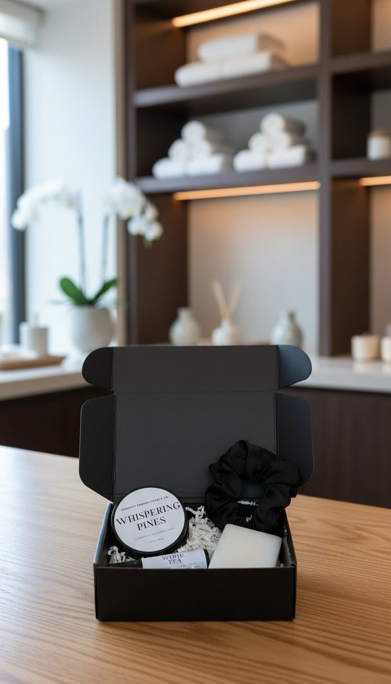 Gift set with candle, soap, and scrunchie in a black box on a wooden surface