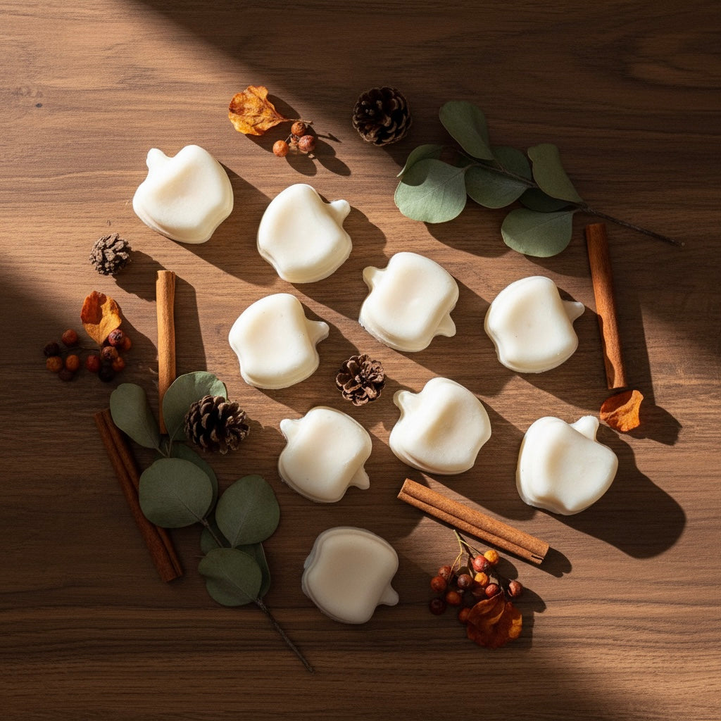 A styled flat-lay of multiple white, apple-shaped wax melts or candles arranged on a wooden surface with cinnamon sticks, eucalyptus leaves, pinecones, and small dried orange flowers.