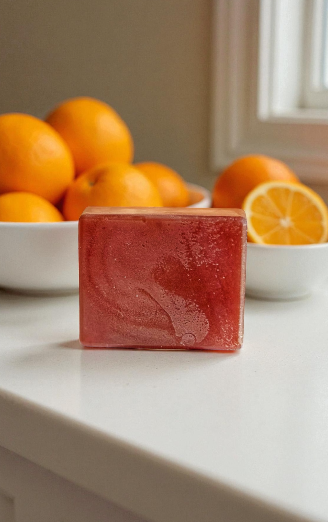 Red soap bar on a white countertop with oranges in the background