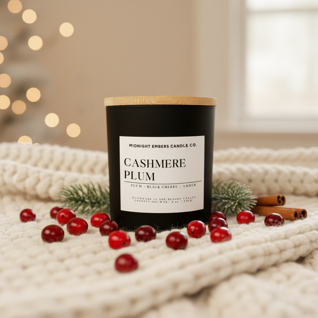 Candle labeled 'Cashmere Plum' from Midnight Embers Candle Co. on a textured surface with berries and cinnamon sticks.