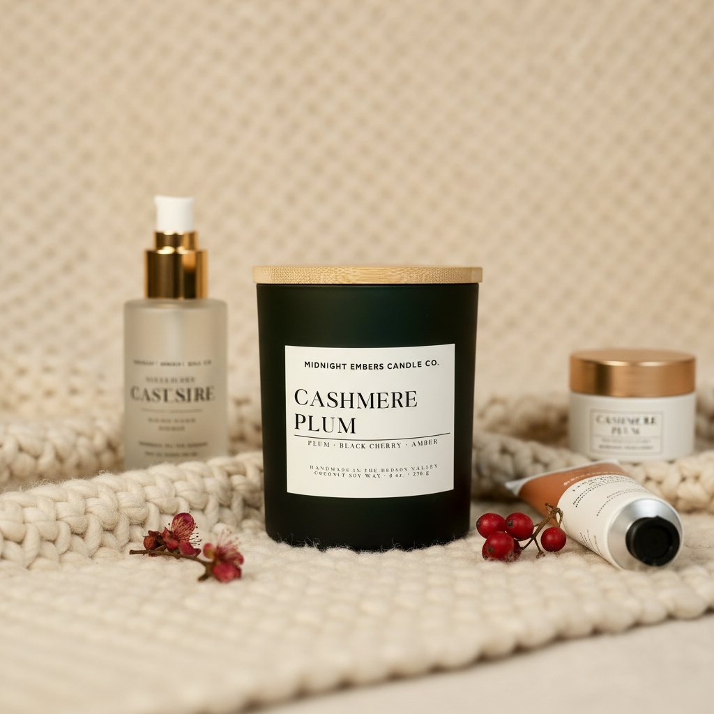 Candle labeled 'Cashmere Plum' from Midnight Embers Candle Co. on a textured surface with other products.