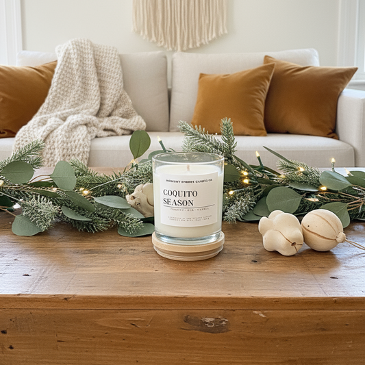 Candle on a wooden coffee table with decorative elements in a living room.
