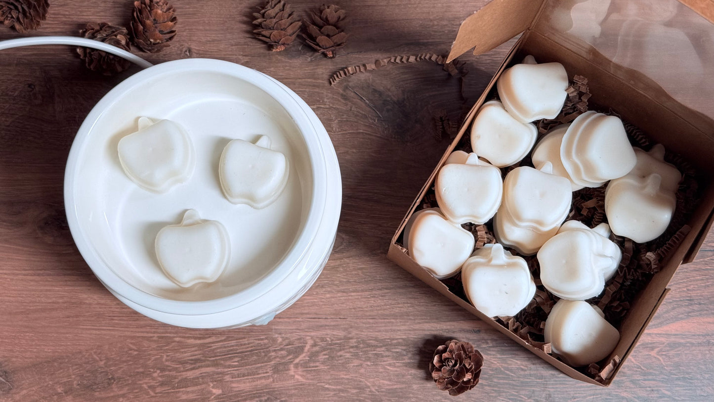 White wax melts shaped like apples, shown in a white dish and in an open kraft box on a wooden surface with pinecones.