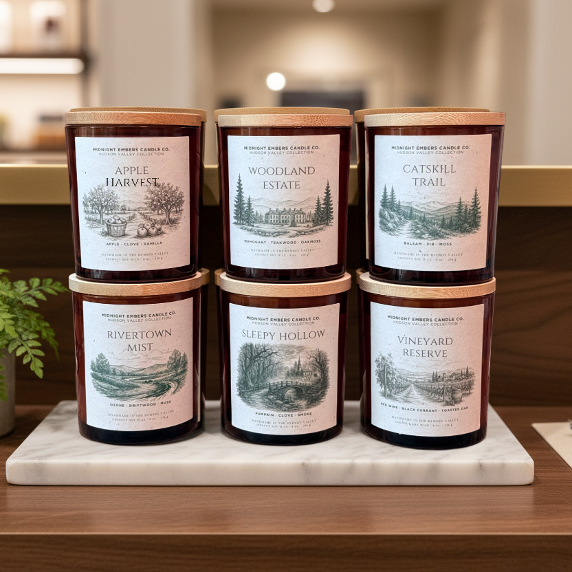 Set of six candles with labels on a wooden surface