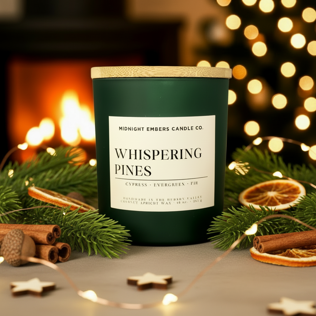 Candle labeled 'Whispering Pines' from Midnight Embers Candle Co. on a festive background with lights and cinnamon sticks.