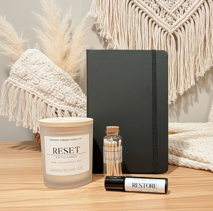 Candle, matches, and rollerball on a wooden surface with decorative elements in the background