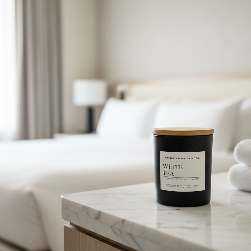 White tea candle on a marble surface with a blurred bedroom background