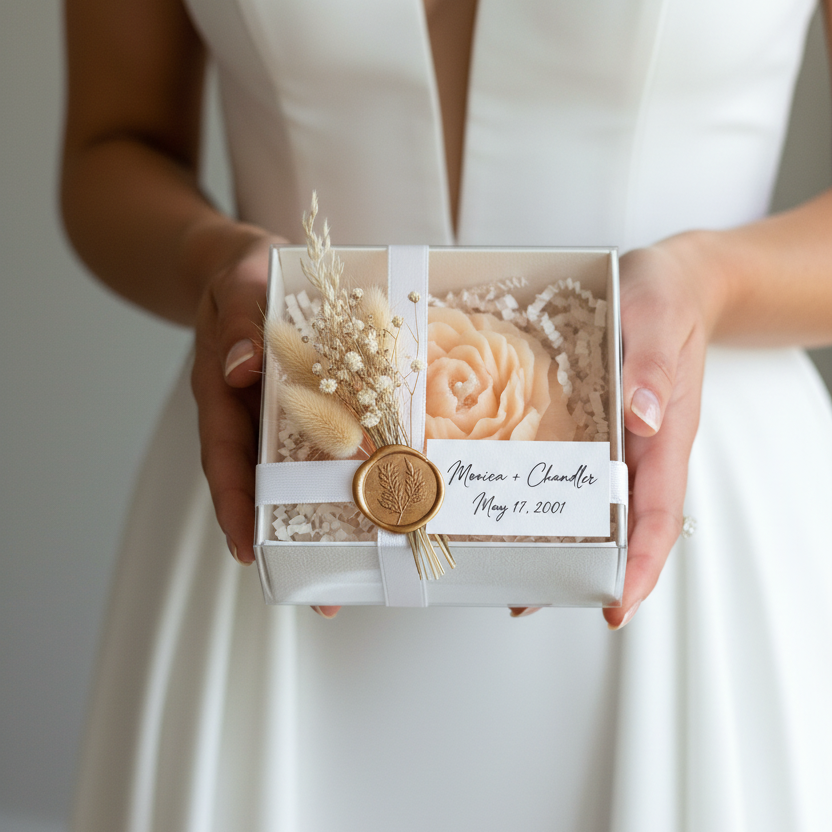 Bride holding peony candle gift box with "Monica + Chandler May 17, 2001" label