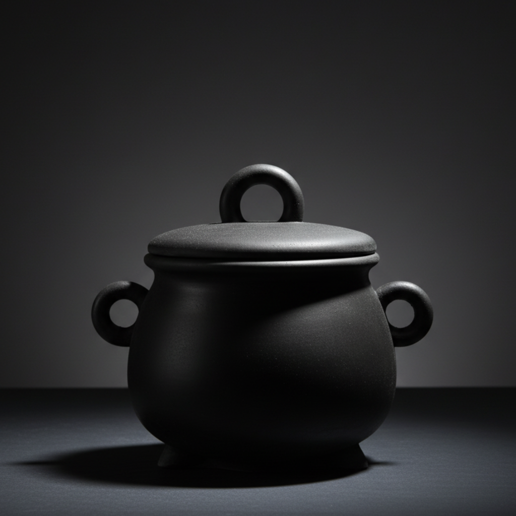 Black ceramic cauldron with lid on a dark background