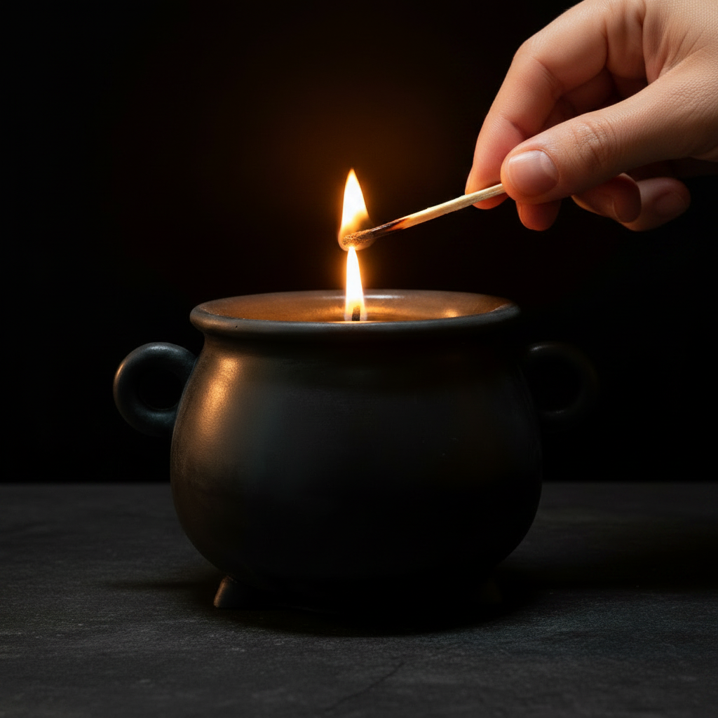 Cauldron Candle — Hand Lighting with Match, Dark Editorial