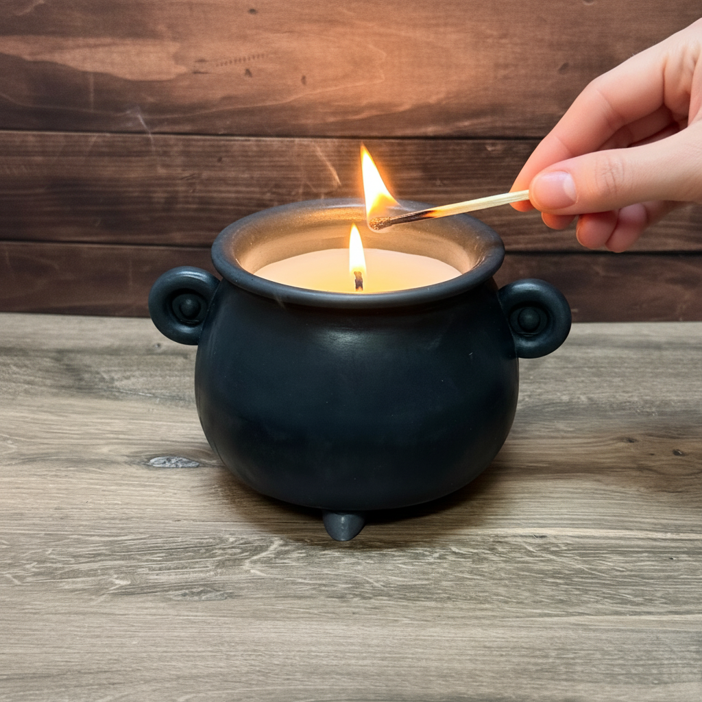 Cauldron Candle — Hand Lighting with Match