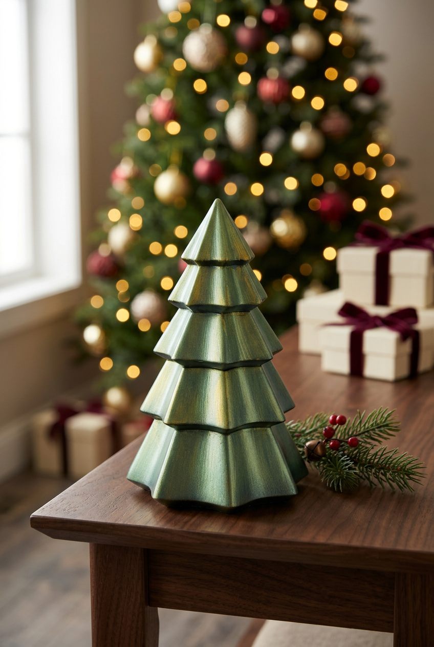 Christmas Tree candle with holiday lights and wrapped gifts