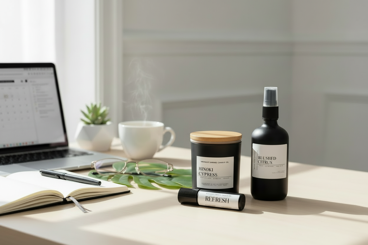 Desk ritual products with unlit candle