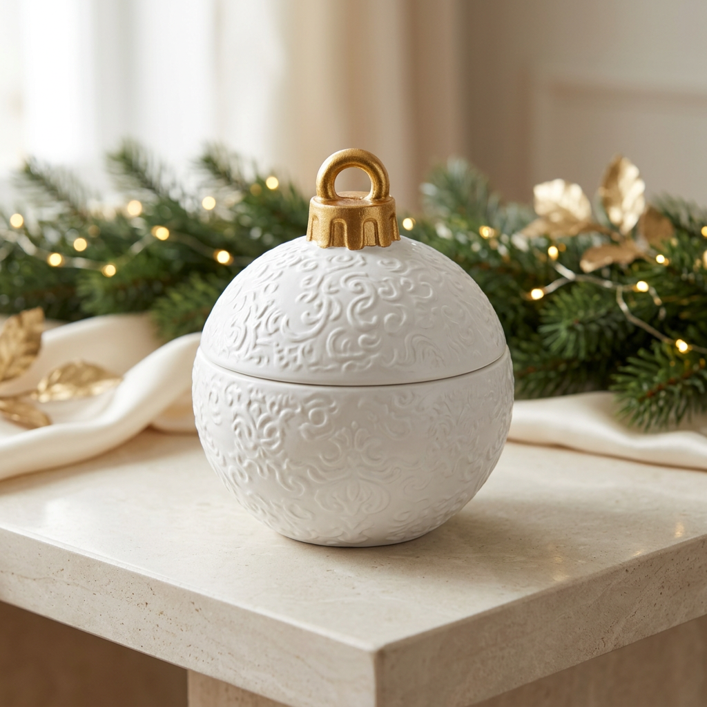 Embossed white vintage bauble candle with gold cap