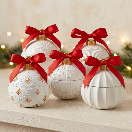 Five vintage bauble candles with red ribbons tied to their gold ornament loops