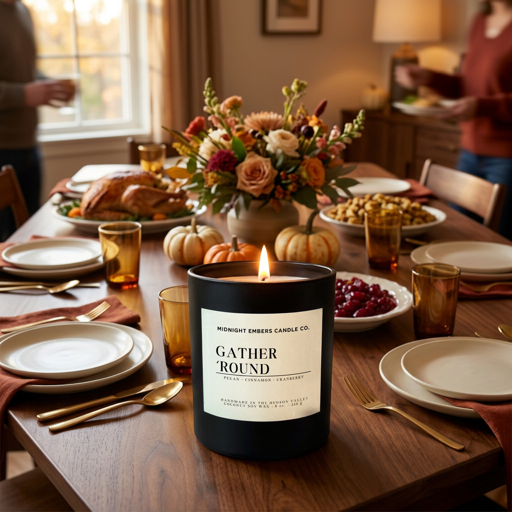 Gather ’Round candle in a warm Thanksgiving dinner tablescape