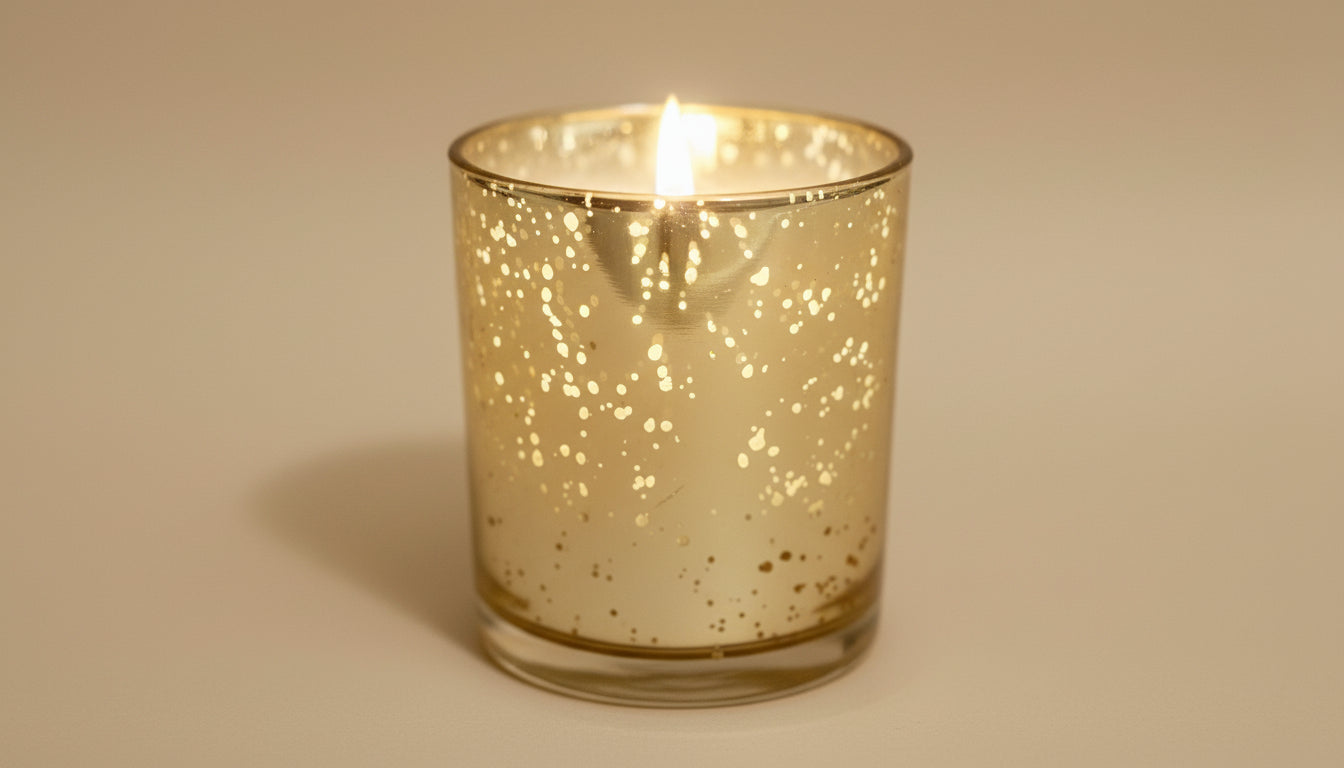 Candle in a decorative glass holder on a wooden surface with a blurred background
