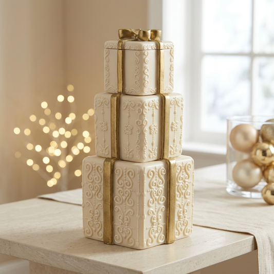 Ivory stackable gift box candles with gold ribbons in a neutral festive setting
