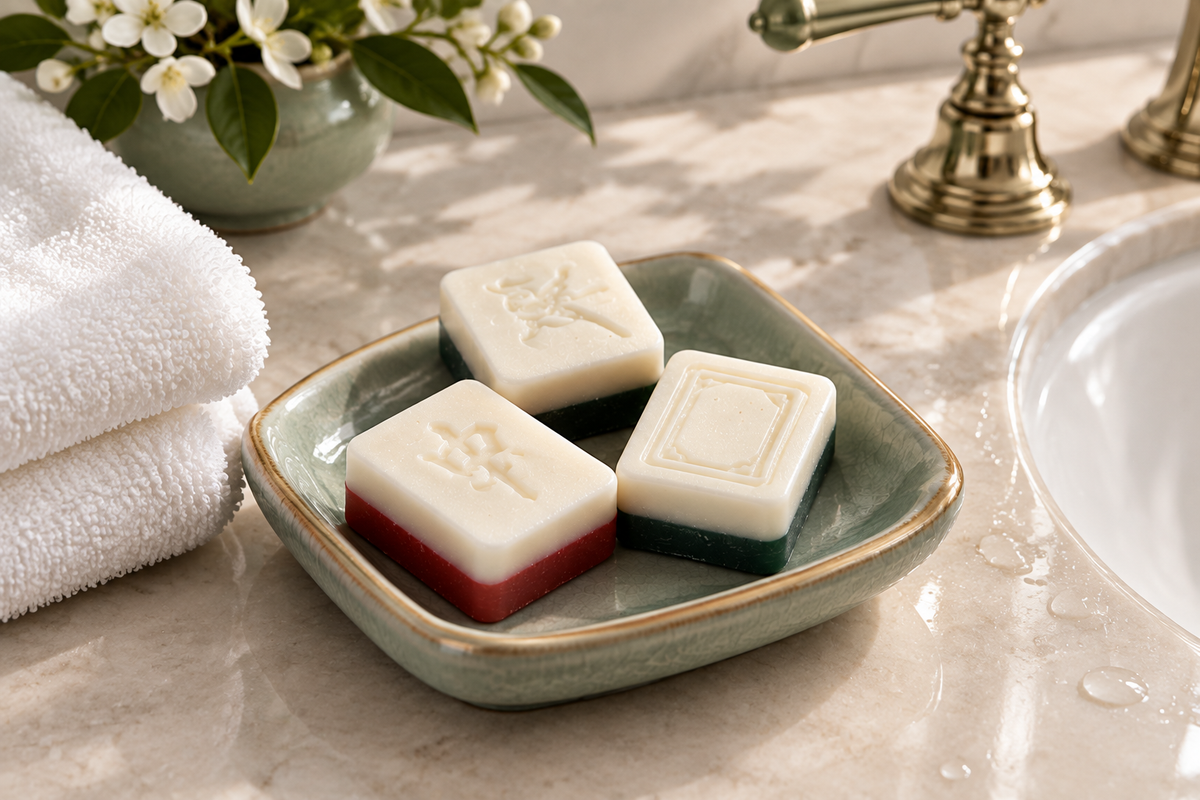 Mahjong tile soaps styled beside a bathroom sink