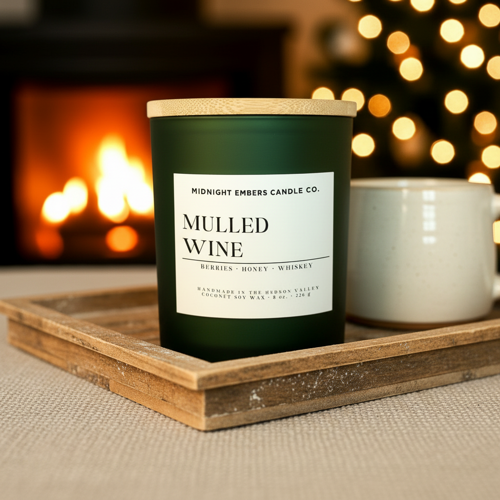 Mulled wine candle with a label in front of a fireplace and Christmas lights