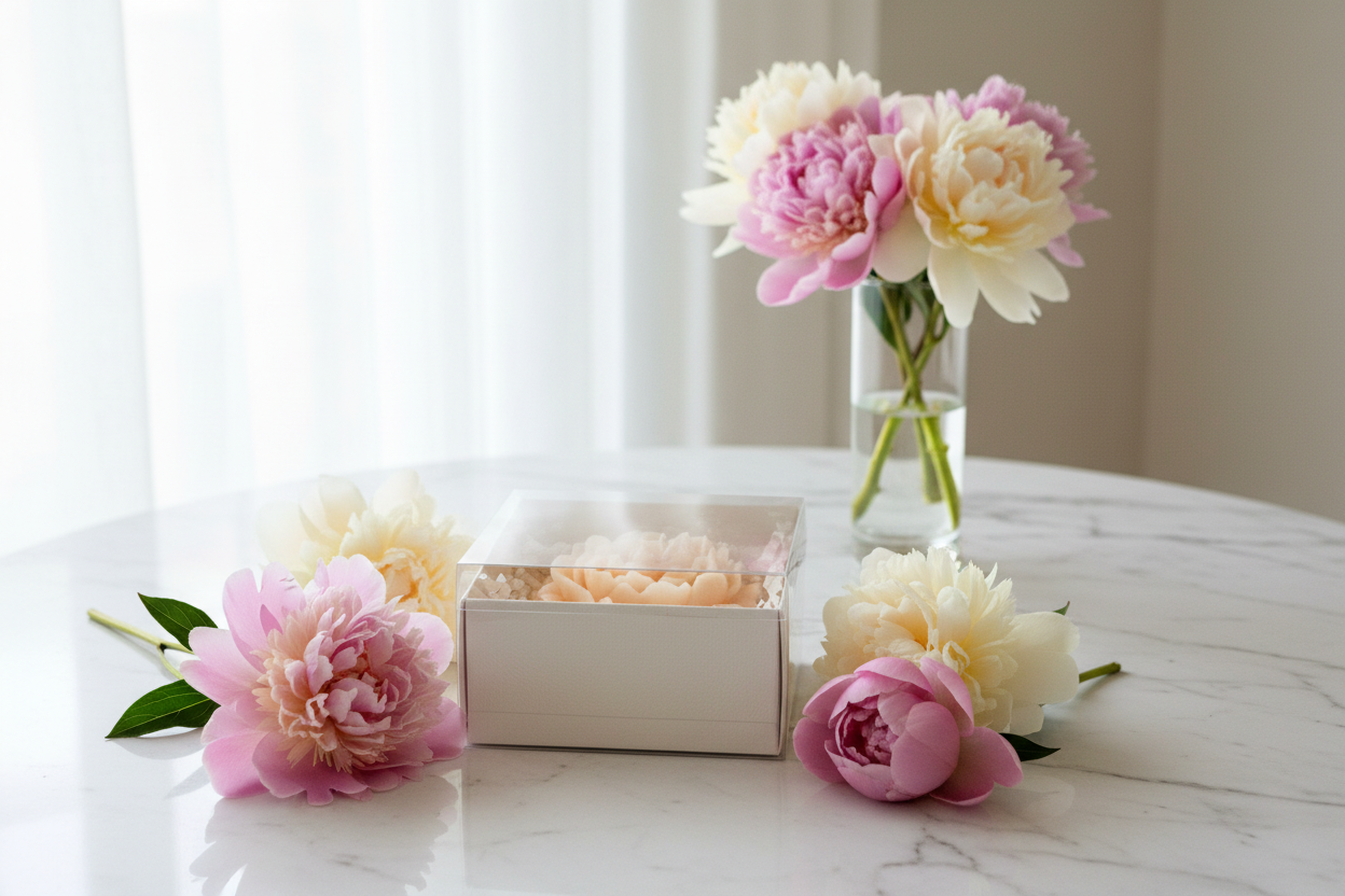 Peony candle gift box on marble table with fresh peonies and vase - minimalist lifestyle shot