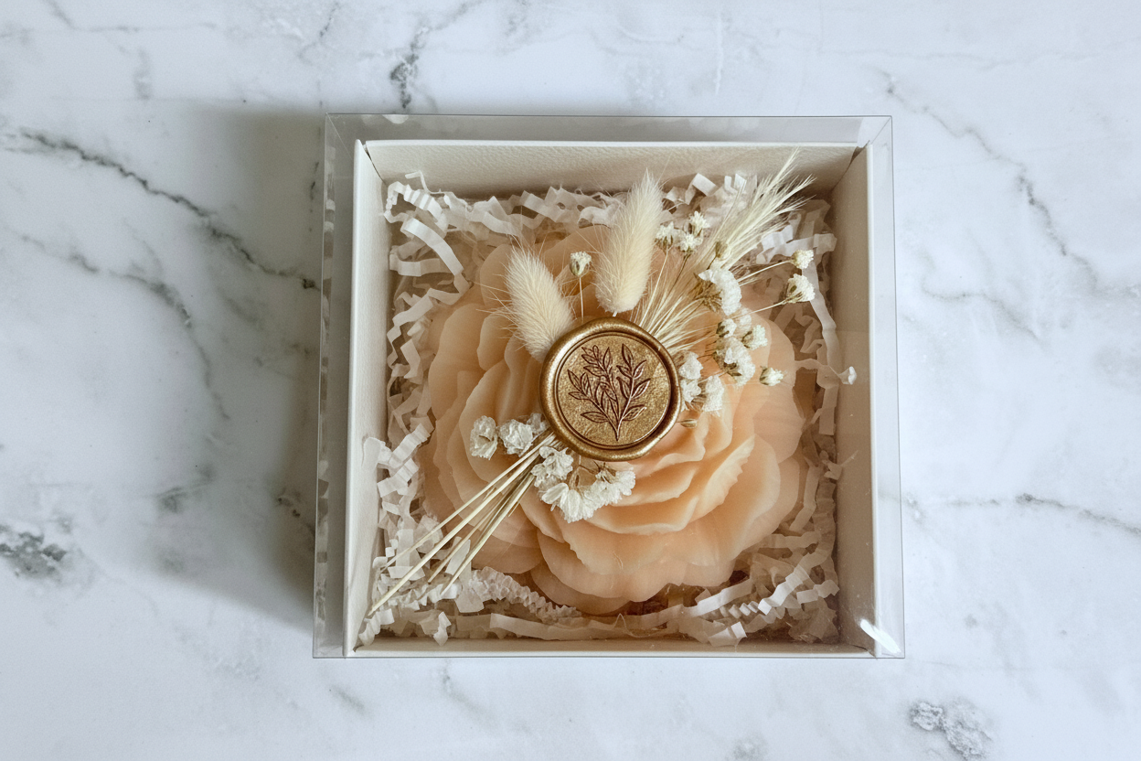 Peony candle in white gift box with dried flowers, pampas grass, and gold wax seal