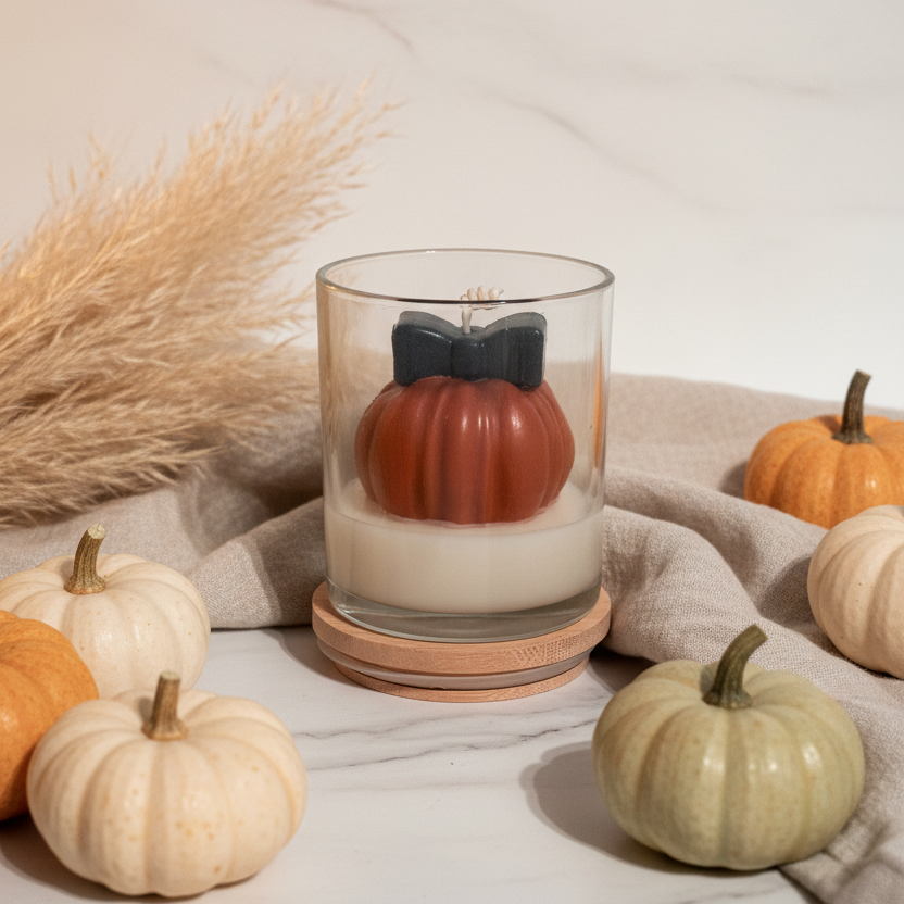 A glass jar candle with a pumpkin-shaped orange wax body, a black bow detail, and a white wax base sits on a wooden coaster. The candle is styled in a cozy autumn setting with small pumpkins, a beige fabric cloth, and dried pampas grass on a light marble surface.