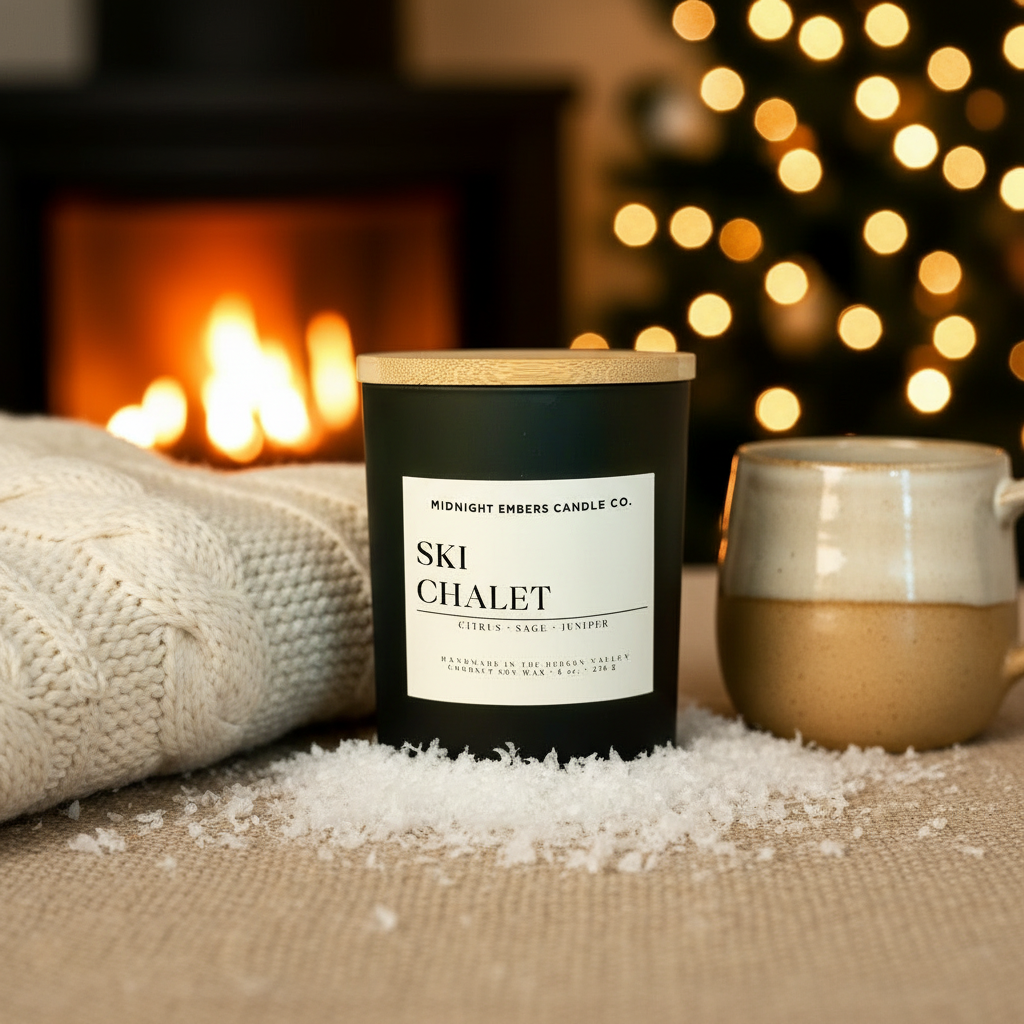 Candle labeled 'Ski Chalet' by Midnight Embers Candle Co. on a surface with a fireplace and lights in the background.