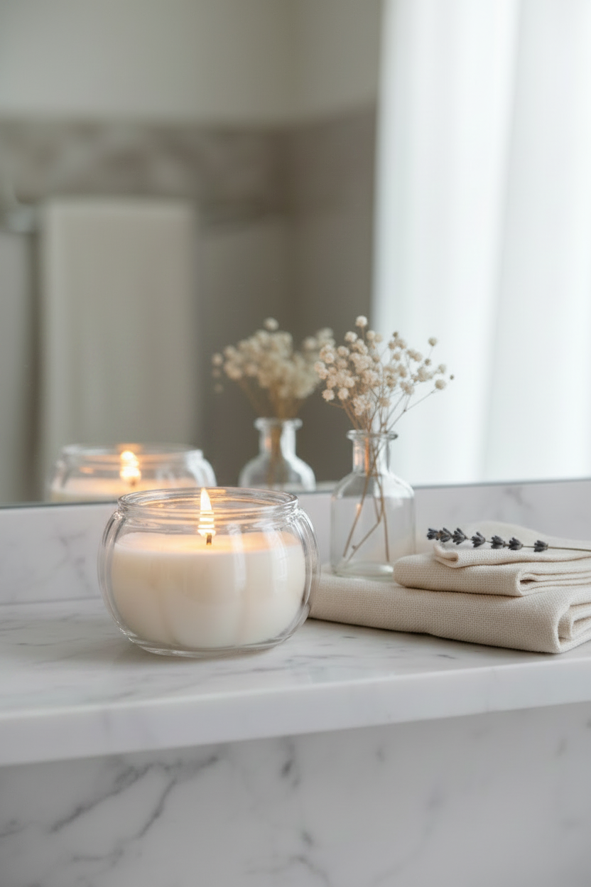 Spa shelf – lid off, wick lit