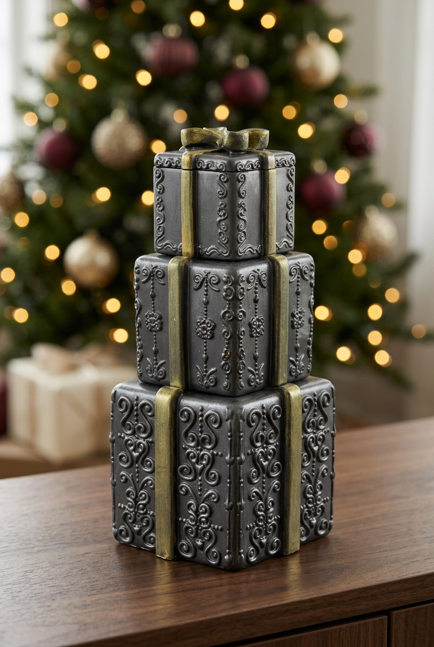 Stackable gift box candle against softly glowing Christmas tree lights