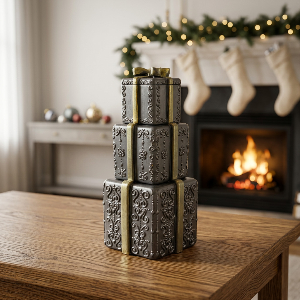 Stackable gift box candle in a Christmas fireplace setting