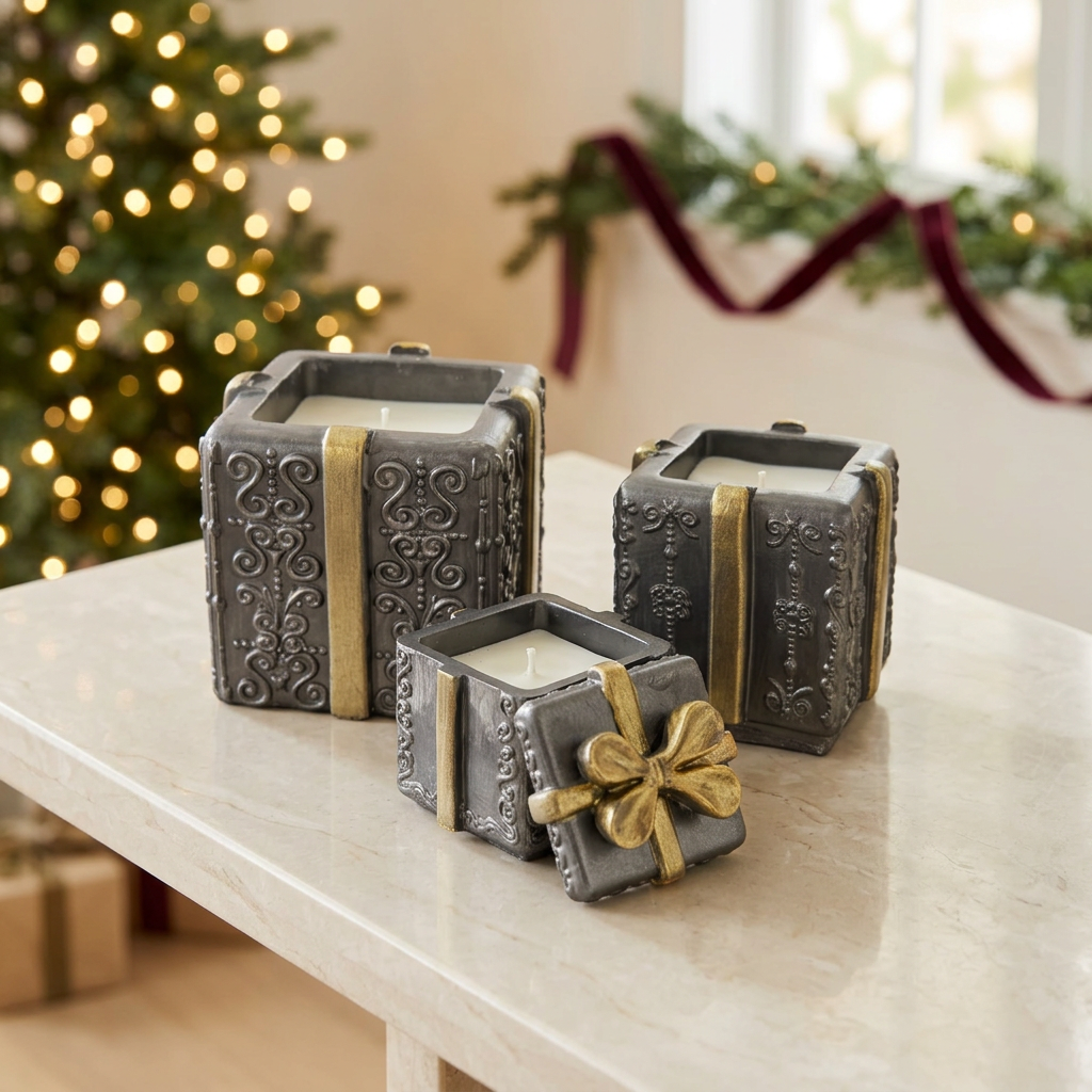 Three unstacked gift box candles with gold bow lid in a holiday setting