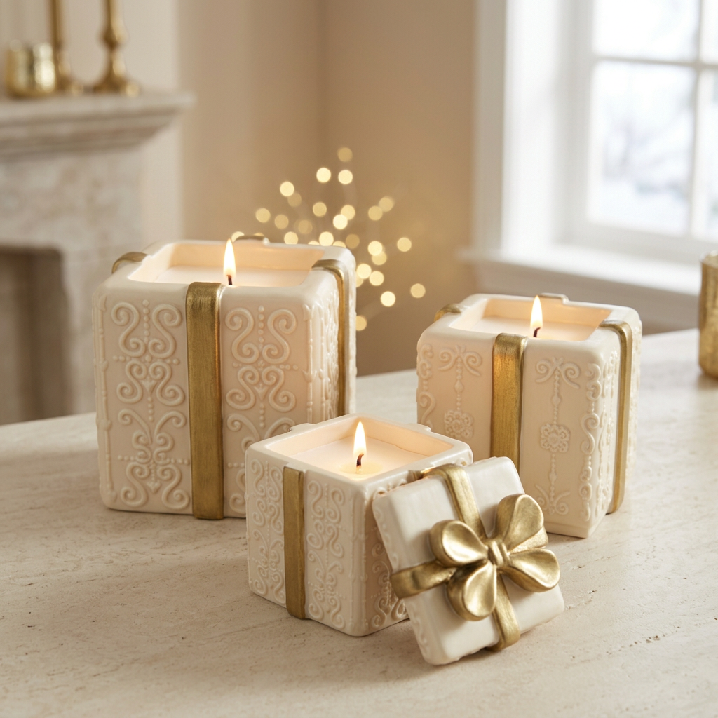 Unstacked ivory and gold gift box candles lit in a neutral festive setting