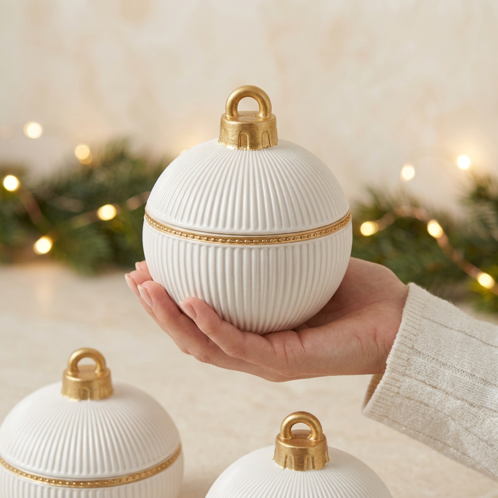 Vintage Bauble Candle with a feminine hand and warm holiday background