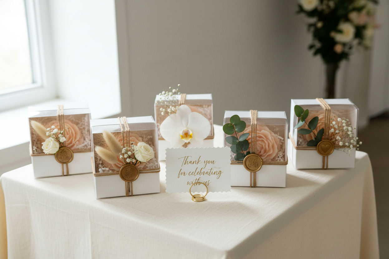 Wedding favor table with peony candle gift boxes and "Thank you for celebrating with us" sign