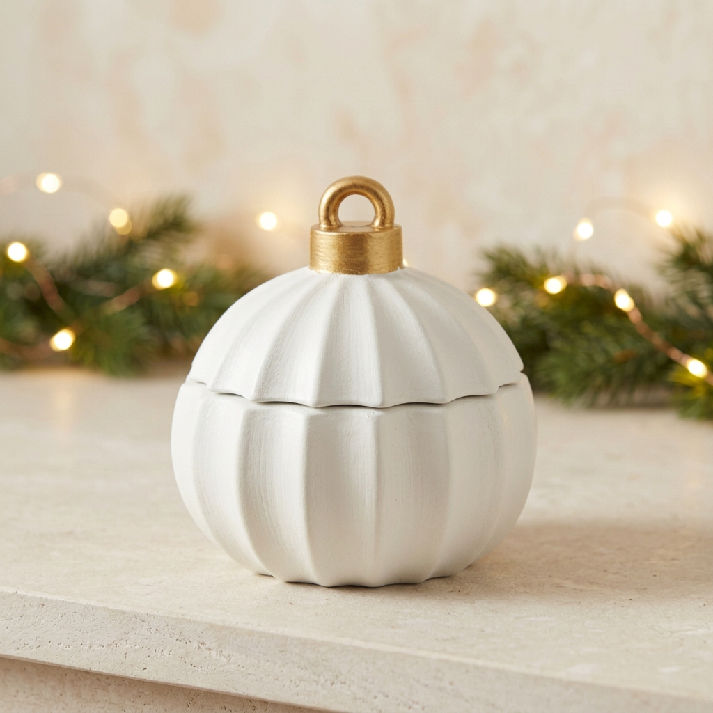 White fluted vintage bauble candle with gold cap and loop